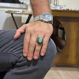 Gerçek Doğal Amazonit Taşı Yüzük - 925 Ayar Gümüş El Yapımı Erkek Takısı, Özgün Tasarım - Görsel 3