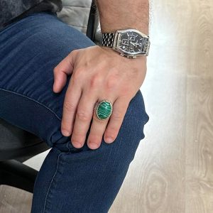 Büyük Yüzük, Doğal Malakit Taşı Yüzüğü, 925 Ayar Gümüş Erkek Yüzüğü - Görsel 3