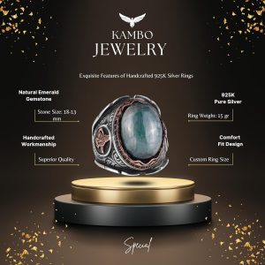 Osmanlı Tuğra Gümüş Yüzük, Doğal Cabochon Zümrüt Taşlı Yüzük, 925K Sert Gümüş Erkek Yüzüğü - Görsel 2