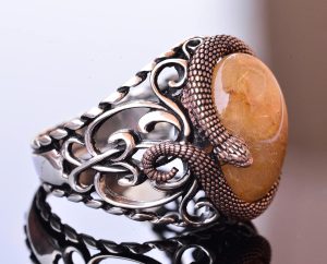 925 Ayar Katı Gümüş Erkek Yüzük Doğal Taşlarla - El Yapımı Şıklık (Altın Rutile Kuvars Taşı) - Görsel 4