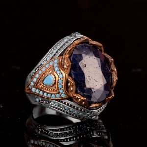 Gerçek Doğal Safir Taşlı Yüzük, 925 Ayar Gümüş Erkek Yüzüğü - Görsel 4