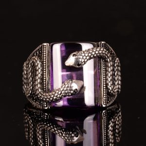 925 Ayar Gümüş Erkek Yüzük, Yılan Yüzük, Yılan Takısı, El Yapımı Erkek Yüzük, Oluşturulmuş Ametist Taşı Yüzük - Görsel 6