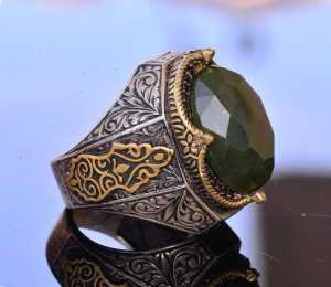El Yapımı Vintage Tasarım Zümrüt Yüzük - 925 Ayar Gümüş Erkek Yüzük Altın Detaylarla (Jade) - Görsel 4