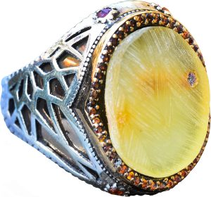 Doğal Amber Taş Yüzük - Gerçek Doğal Taş, Ham Taş, 925 Ayar Gümüş Erkek Yüzük