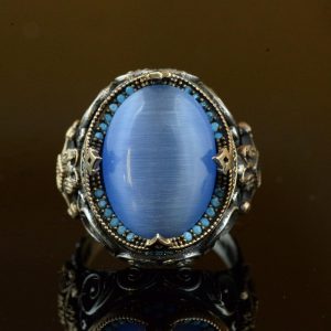 El Yapımı Yapay Taş Yüzük - 925 Ayar Gümüş Erkek Takısı (Mavi Kedi Göz) - Görsel 3