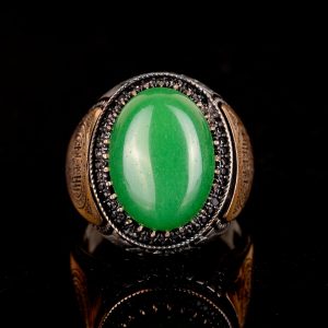 El Yapımı 925 Ayar Gümüş Erkek Yüzük Doğal Yeşil Jade Taşı - İslami Tasarım - Görsel 3