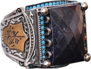 Gerçek Mavi Safir Dikdörtgen Taş Yüzük, 15.45 Karat, İslami Yüzük, 925 Ayar Gümüş Erkek Yüzük - Görsel 1