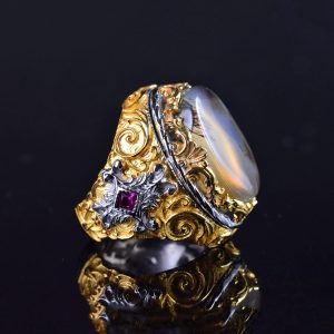 Gerçek Doğal Yemeni Akik Taşı Yüzük, El Yapımı Sultan Yüzük, 925 Ayar Gümüş Altın Kaplama Erkek Yüzüğü - Görsel 4