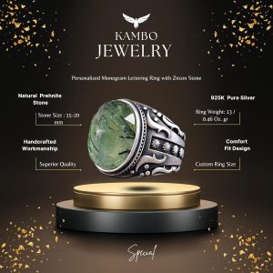 925 Ayar Gümüş Erkek Yüzük Doğal Prehnit Taşı ve Ayrıntılı Oymalı Tasarım ile - Görsel 2