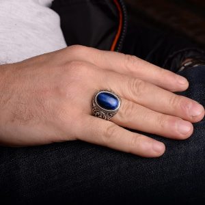 925 Ayar Katı Gümüş Mavi Kedi Gözü Taşı Erkek Yüzük - El Yapımı Stacking Yüzük - Görsel 6