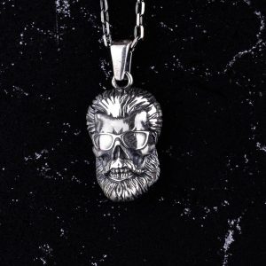 925 Ayar Gümüş Sakallı Kafatası Kolye, Gözlük Takmış El Yapımı Kafatası Pendenti, Cesur Erkek Takısı - Görsel 4