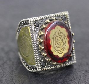 Erkek sterling gümüş yüzük, cami işlemeli yüzük, amber taşlı, İslami yüzük - Görsel 4