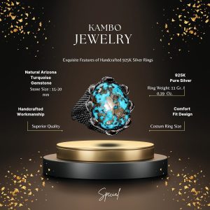 Sterling Gümüş Erkek Yüzük - Arizona Turkuaz Doğal Taş - Şahin Pençesi Tasarımı (Model-2) - Görsel 2