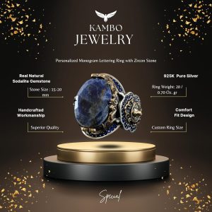 925 Ayar Gümüş Erkek Yüzük, Doğal Sodalit Taşı ve Aslan Tasarımı ile - Görsel 2