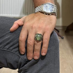 Gerçek Doğal Prehnit Yeşim Taşı Yüzük - Tasarım Gümüş Erkek Yüzük - 925 Ayar Gümüş El Yapımı Taş Takı - Görsel 3