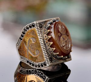 İslami Oymalı Doğal Akik Taş Yüzük - Gümüş Erkek Dini Takı - Görsel 4