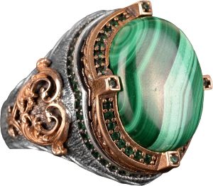 925 Ayar Gümüş Erkek Yüzük, Doğal Malahit ile El Yapımı Vintage Tasarım, Erkekler için Şık Yeşil Taş Yüzük - Görsel 1