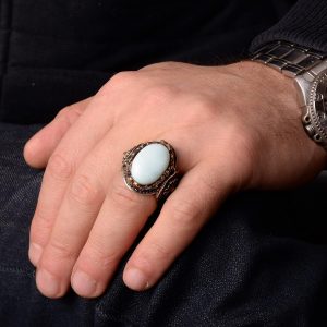 Gerçek Doğal Larimar Taşı Yüzük, Aslan Yüzüğü, 925 Ayar Gümüş Yüzük - Görsel 7