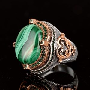 925 Ayar Gümüş Erkek Yüzük, Doğal Malahit ile El Yapımı Vintage Tasarım, Erkekler için Şık Yeşil Taş Yüzük - Görsel 4