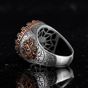 Gerçek Doğal Turkuaz Taşlı Gümüş Erkek Yüzük - Vintage Tasarım - Görsel 7