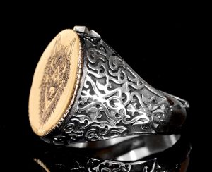 Erkekler için Gümüş Yüzük - Kurt Başı Tasarımı ve Altın Vurgu ile - Görsel 4