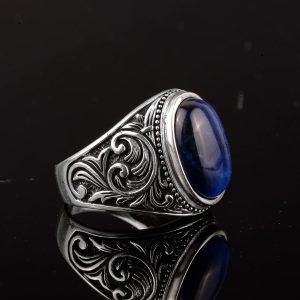 925 Ayar Katı Gümüş Mavi Kedi Gözü Taşı Erkek Yüzük - El Yapımı Stacking Yüzük - Görsel 4