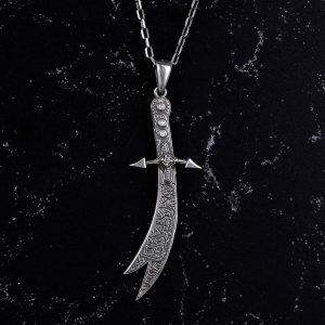 925 Ayar Gümüş Zulfiqar Kılıcı Kolye - Zircon Taşlı İslami Takı (Beyaz) - Görsel 4