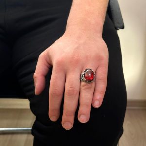 Cabochon Granat Yapay Taş Yüzük, 925 Ayar Gümüş Yüzük Erkekler İçin, Çeşitli Koleksiyon - Görsel 3