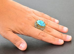 Erkekler için 925 Ayar Gümüş Sultan Yüzük - Doğal 10 Karat Arizona Turkuaz Taşı - Görsel 6