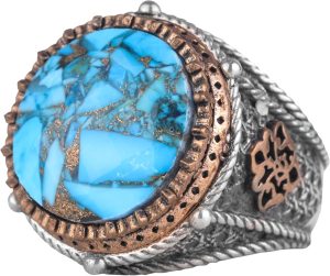 Gerçek Doğal Turkuaz Taşı ile Üretilmiş Gümüş Erkek Yüzük, Ayrıntılı Bronz Kaplama Aksamlar - Görsel 1