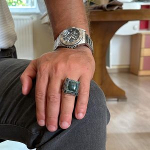 El Yapımı 925 Ayar Gümüş Erkek Yüzük - Gerçek Doğal Malakit Taşı ile Lüks Tasarım (Jade) - Görsel 3