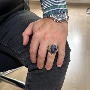 925 Ayar Gümüş Erkek Yüzük - Safir Taş - Aslan Sembolü El Yapımı Yüzük - Görsel 3