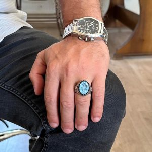 925 Ayar Gümüş Yüzük, Yapay Taş Yüzük, Kartal Sembolü Yüzük, El Yapımı Yüzük (Yapay açık mavi paraiba) - Görsel 3