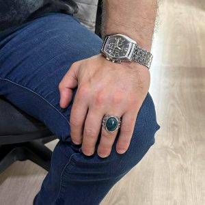 Doğal Yeşil Kan Taşı Yüzük, 925 Ayar Gümüş Yüzük, Tasarım Gümüş Erkek Yüzüğü - Görsel 3