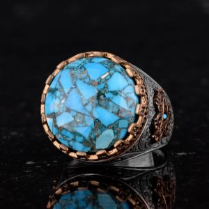 Gerçek Doğal Turkuaz Taşlı Gümüş Erkek Yüzük - Vintage Tasarım - Görsel 6