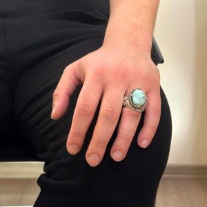 925K Ayar Gümüş El Yapımı Erkek Yüzük - Çeşitli Doğal Taşlarla (Larimar) Mevcut - Görsel 3