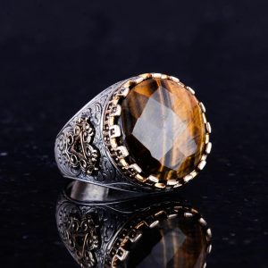 Gerçek Doğal Taş Yüzük - El Yapımı Kral Yüzüğü - 925 Ayar Gümüş Yüzük (Kaplan Göz) - Görsel 5