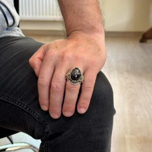 Doğal Granat Taşlı Yüzük, Hayvan Gümüş Yüzük - Derin 925K Katı Gümüş Erkek Yüzüğü - Görsel 3