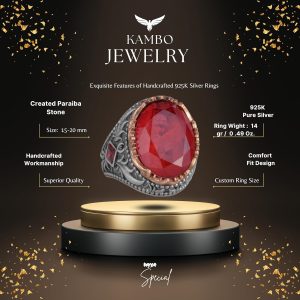 Yapay Taş Yüzük - El Yapımı Erkek Yüzüğü - Zarif 925 Ayar Gümüş Erkek Takısı (Yapılmış Kırmızı Paraiba) - Görsel 2