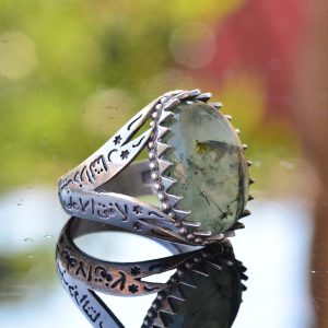 Gerçek Prehnit Doğal Taş Yüzük, Erkekler için İslami Yüzük, 925 Ayar Gümüş - Görsel 4