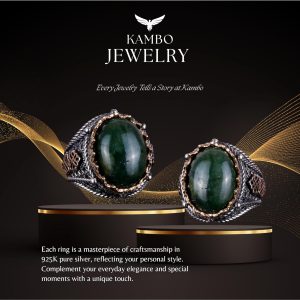 El Yapımı Doğal Cabochon Zümrüt Taşlı Yüzük, 925 Ayar Katı Gümüş Erkek Yüzük - Görsel 6