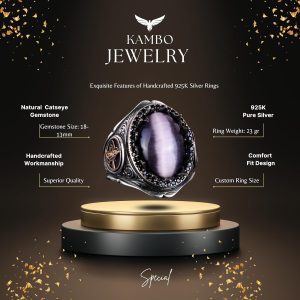 925 Ayar Katı Gümüş Erkek Yüzük - Doğal Taşlarla El Yapımı Şıklık (Mor Kedi Gözü Taşı) - Görsel 3