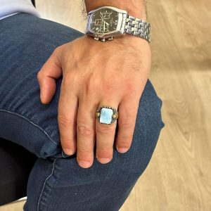 Doğal Dikdörtgen Krysokolla Taş Yüzük - 925 Ayar Gümüş Erkek Yüzük - Görsel 7