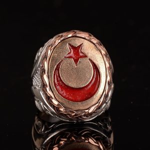 925 Ayar Gümüş Erkek Yüzük, Bronz Hilal ve Yıldız ile Osmanlı Tarzı Türk Yüzük, Bronz Taş Tasarımı - Görsel 5