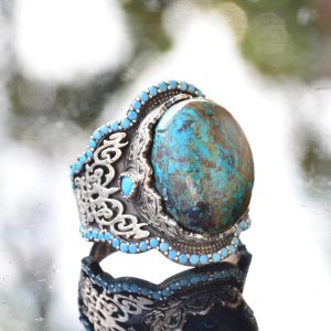 El Yapımı 925 Ayar Gümüş Erkek Yüzük - Doğal Taş (Krisokolla) - Görsel 5