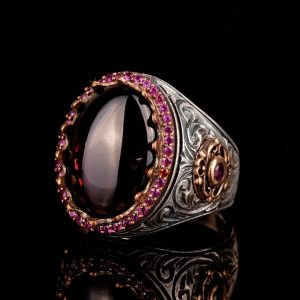 925 Ayar Gümüş Erkek Yüzük Doğal Granat Taşı - El Yapımı İfadesel Yüzük - Görsel 4