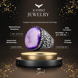 Gerçek Doğal Druzy Kristal Kuvars Taş Yüzük, Erkekler İçin Doğum Taşı Yüzüğü, Gümüş Yüzük - Görsel 2