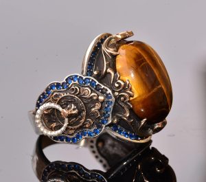 El Yapımı 925 Ayar Gümüş Erkek Yüzük, Gerçek Taşlı Yüzük, Aslan Tasarımı, Altın Kaplama Doğum Taşı Yüzüğü (Kaplan Gözü) - Görsel 3