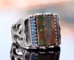 El Yapımı 925 Ayar Gümüş Erkek Yüzük, Gerçek Arizona Turkuaz Taşı - Vintage Tasarım - Gerçek Taş Yüzük - Görsel 3