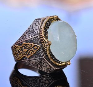 El Yapımı Vintage Tasarım Zümrüt Yüzük - 925 Ayar Gümüş Erkek Yüzük Altın Aksanlı (Akvamarin) - Görsel 3